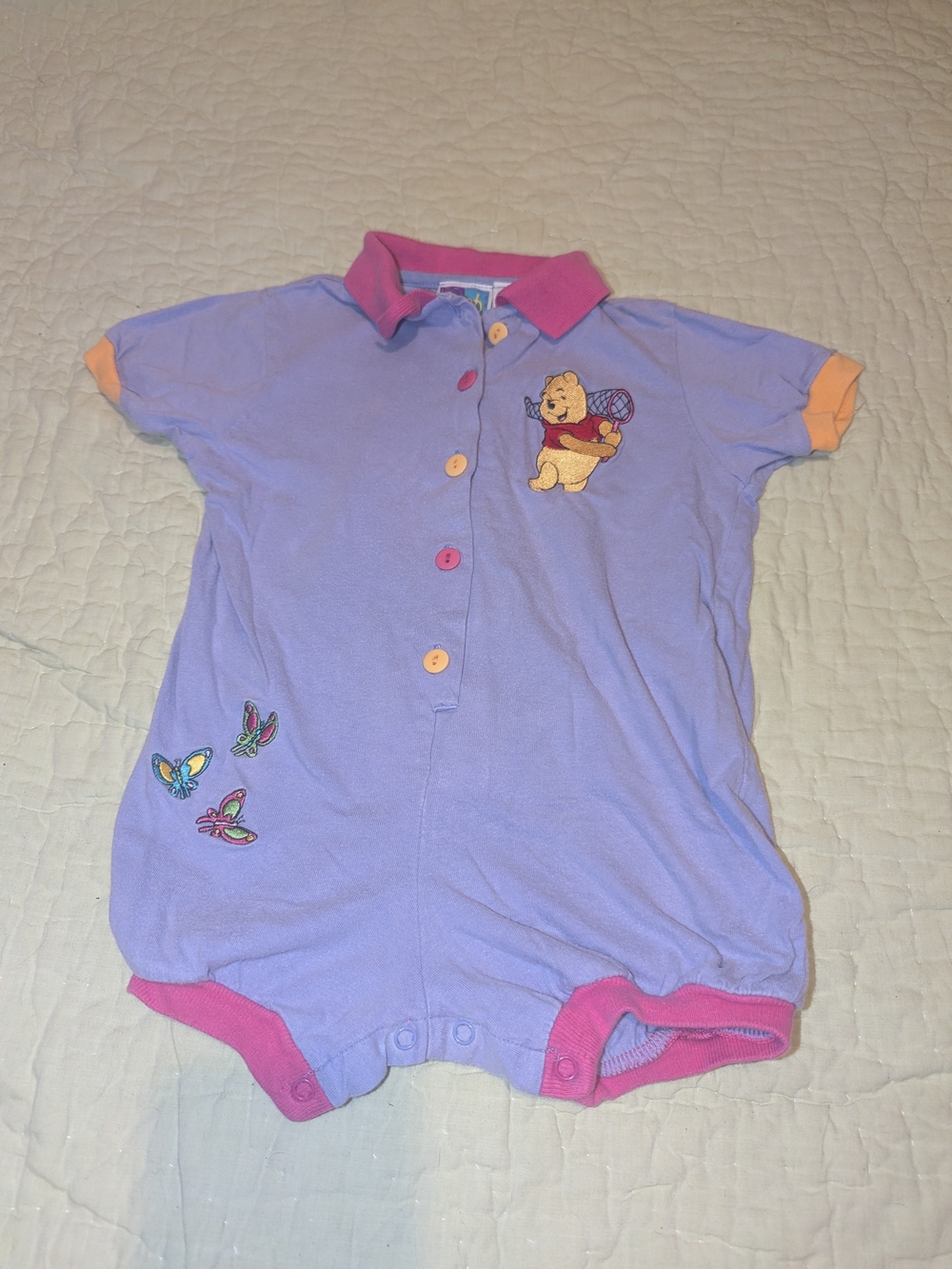 Y2K Winnie the Pooh Lavender Polo Romper with Pink Trim